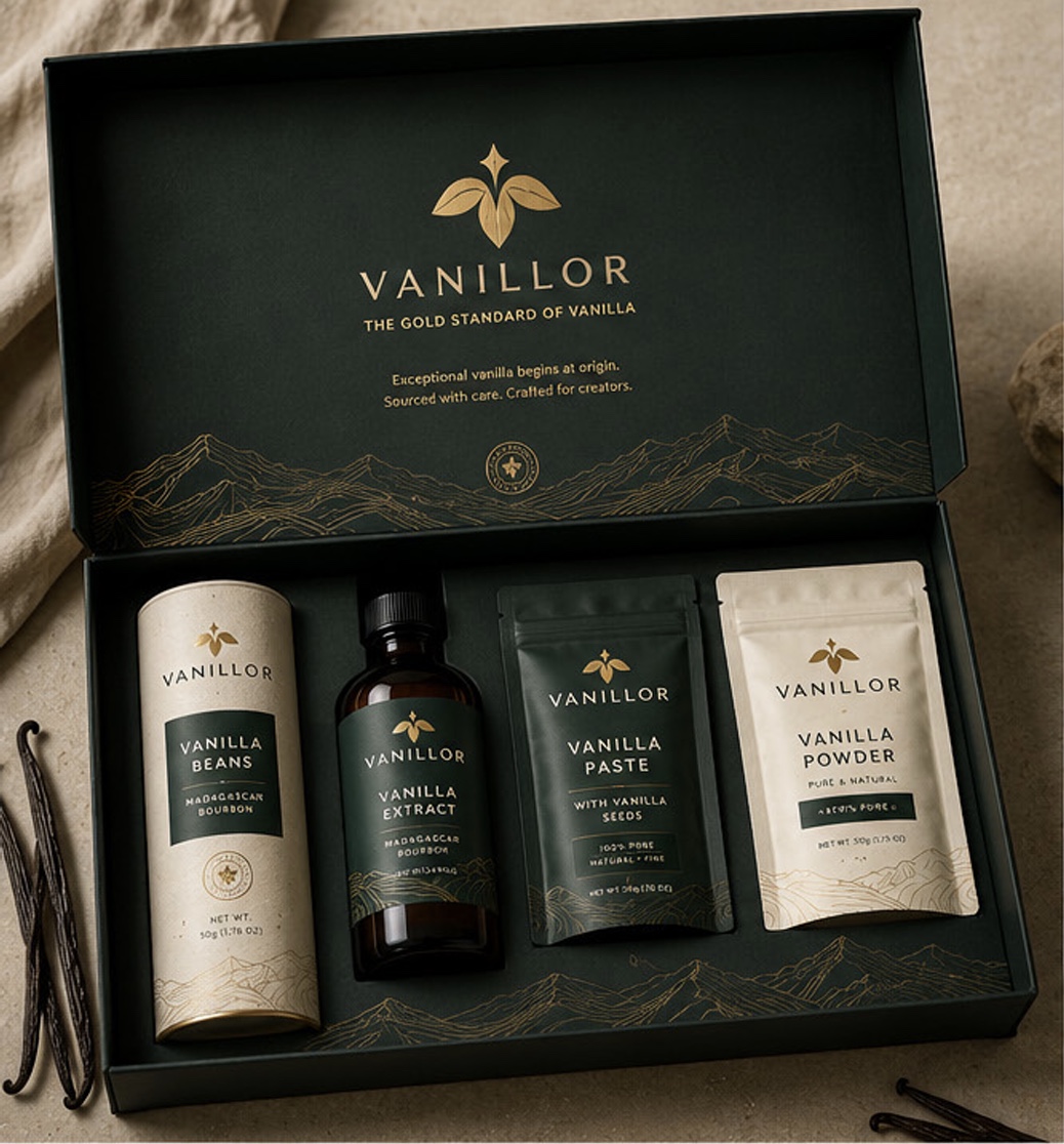 Vanillor discovery kit for professionals with beans, extract, paste, and powder