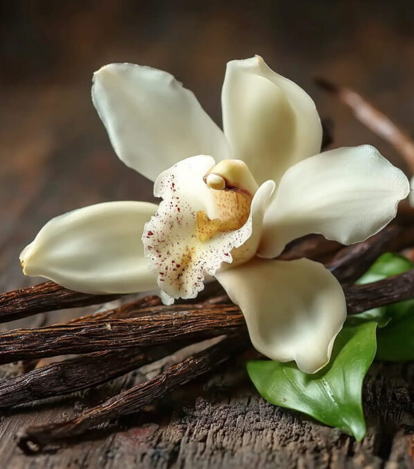 Vanilla orchid flower and cured Madagascar vanilla beans